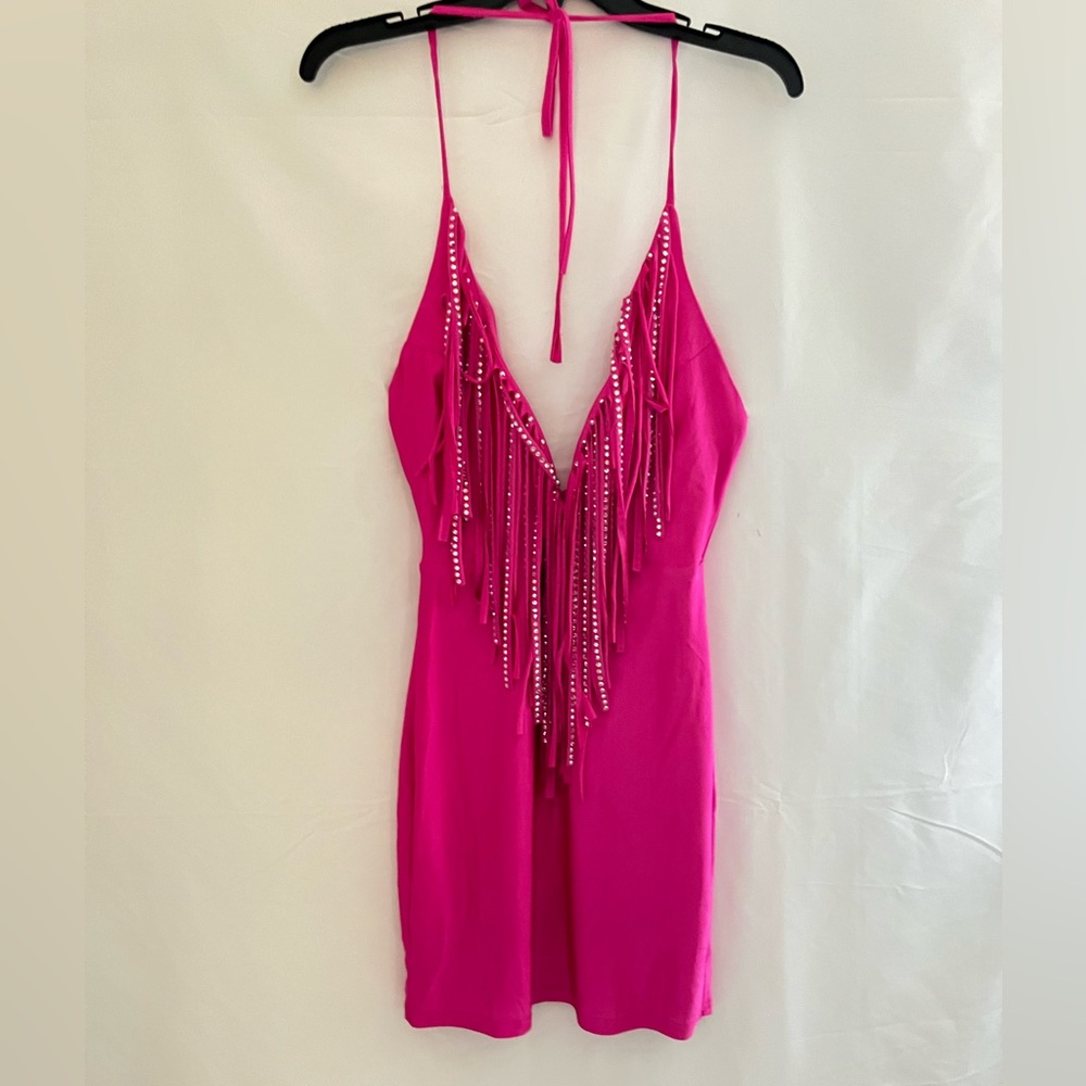 Banjul Pink Mini Dress with Fringe Detail